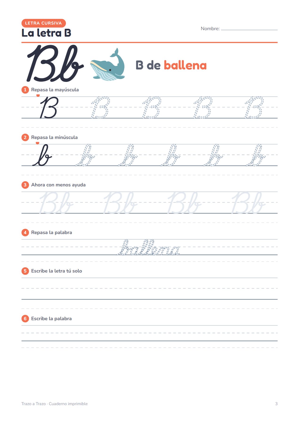 Hoja de la letra B en cursiva con una ballena