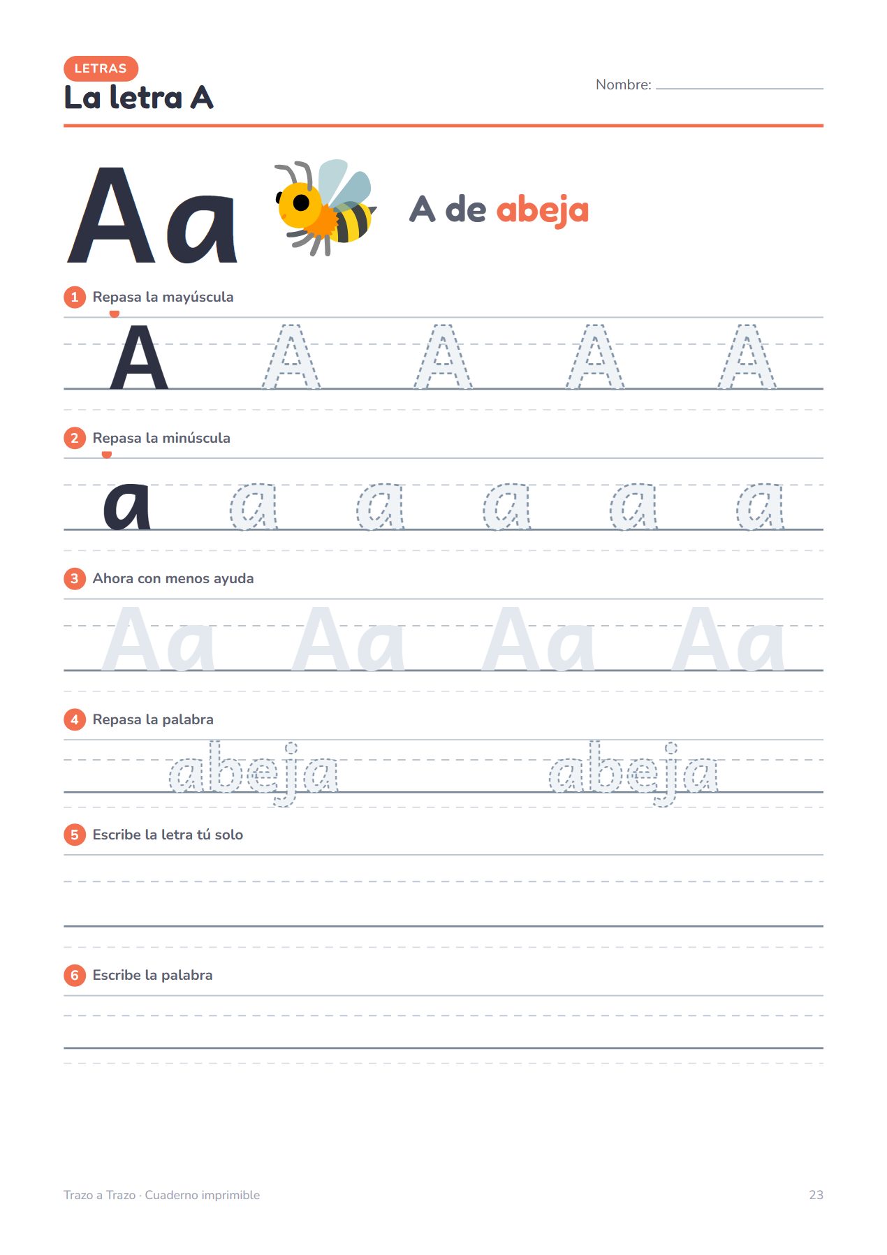 Hoja de la letra A: la letra grande, una abeja y renglones para repasar la mayúscula, la minúscula y la palabra abeja