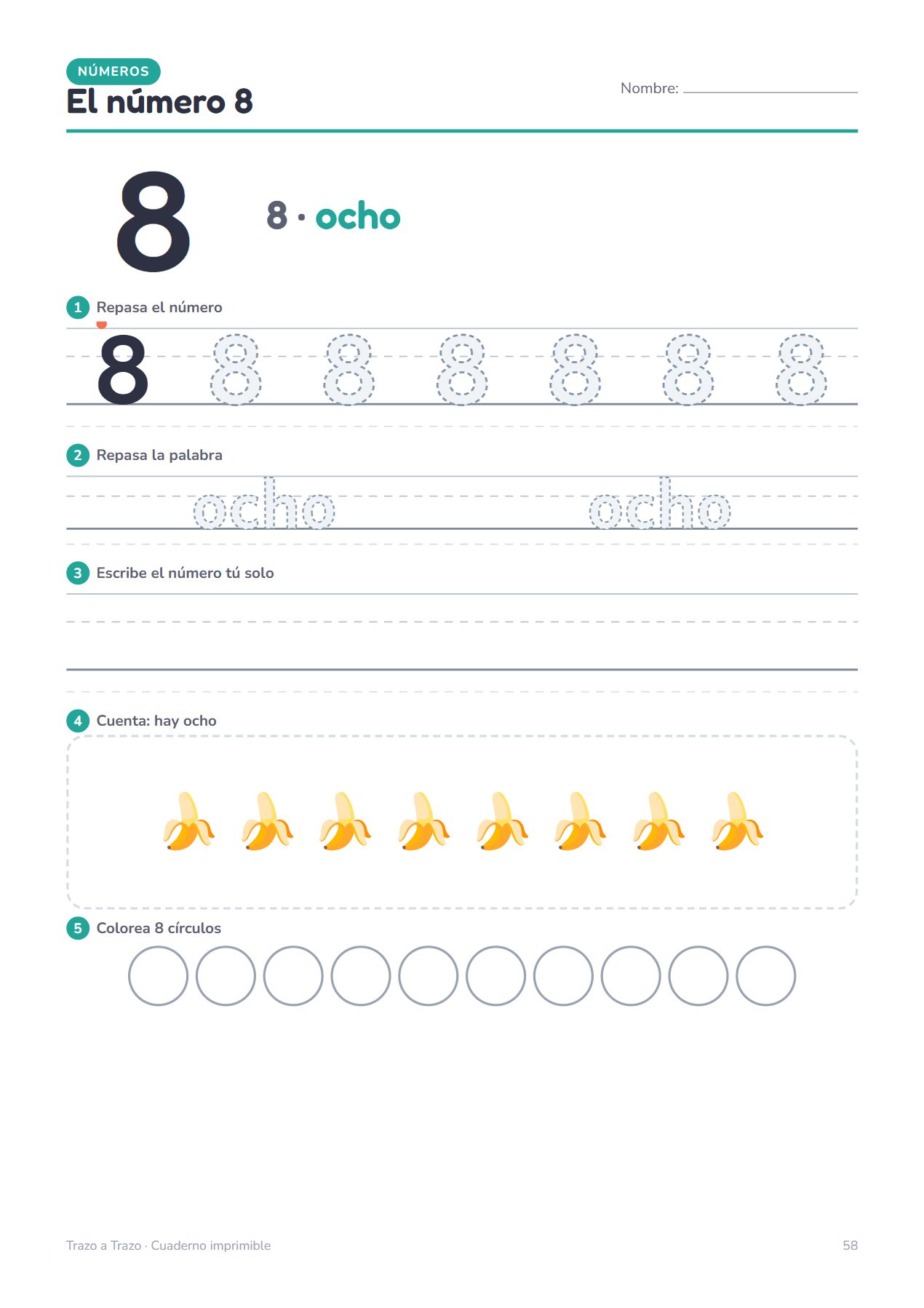 Hoja del número 8: repasar el número y la palabra ocho, contar ocho bananas y colorear ocho círculos